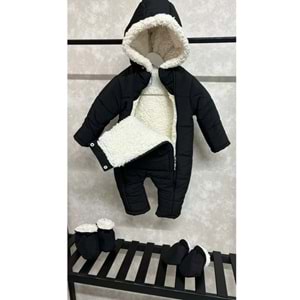 Kayak Tulum Bebe Kar Kıyafeti Ayıcık Nakışlı Kışlık Siyah-6-9AY