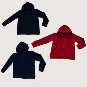 Kapşonlu Cepli Fermuarlı Üçlü Tek Üst Unisex Penye Ceket-Kırmızı-Siyah-Lacivert-2 YAŞ