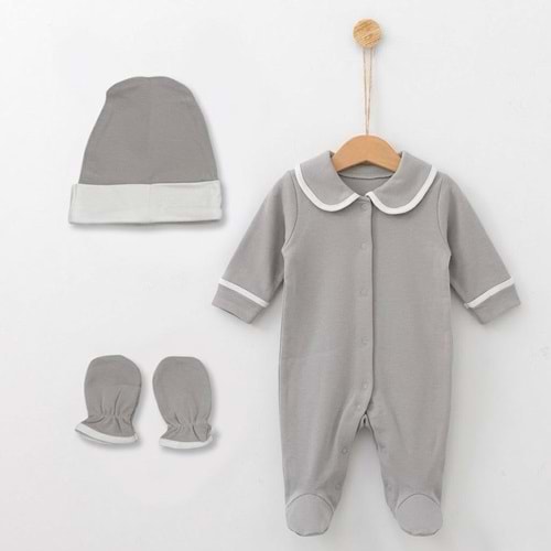 Pamuklu Bebek Hastane Çıkış Seti - 3'lü Takım (Tulum, Şapka, Eldiven) - Gri - Gri - 6-9AY - 1195-Gri-6-9AY