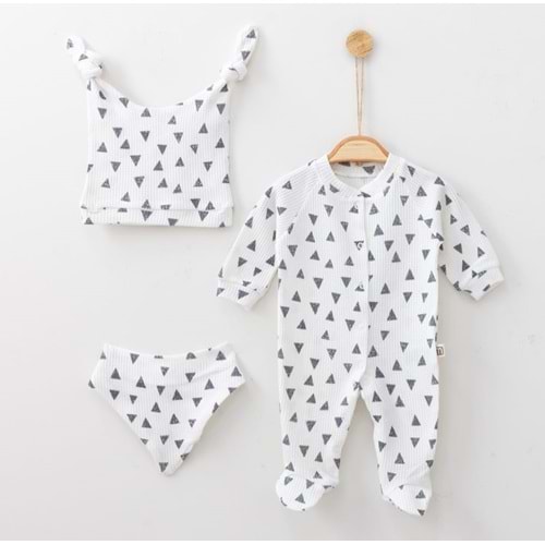 Üçgen Desenli Fitilli Pamuk Kumaş Patikli Bebek Tulum Seti - Beyaz - 0-3 AY