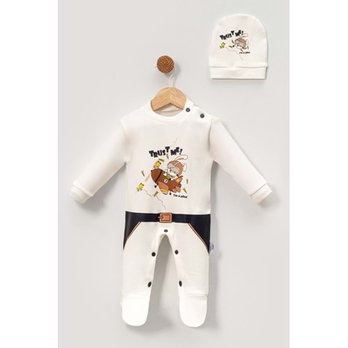 Bebek Tulum ve Şapka Takımı Baskılı Yumuşak Pamuklu Kumaş Jijek Baby -Lacivert-0-3 AY
