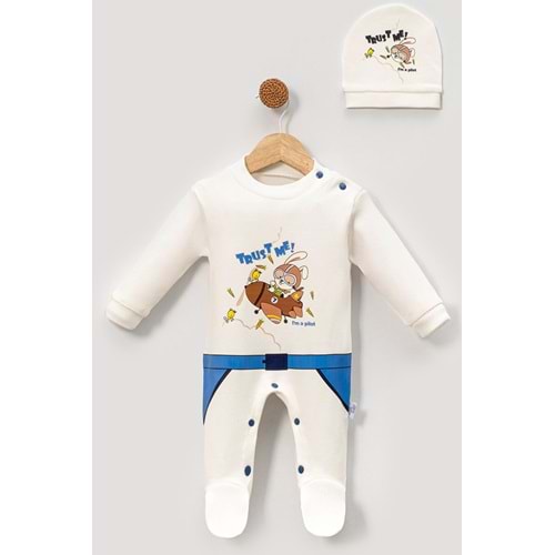 Bebek Tulum ve Şapka Takımı Baskılı Yumuşak Pamuklu Kumaş Jijek Baby -Mavi - 0-3 AY