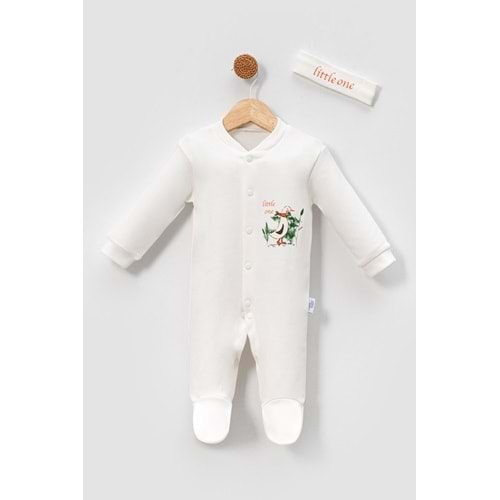 Little One Penguen Desenli Bebek Tulum ve Saç Bandı Seti - Ekru -6-9AY