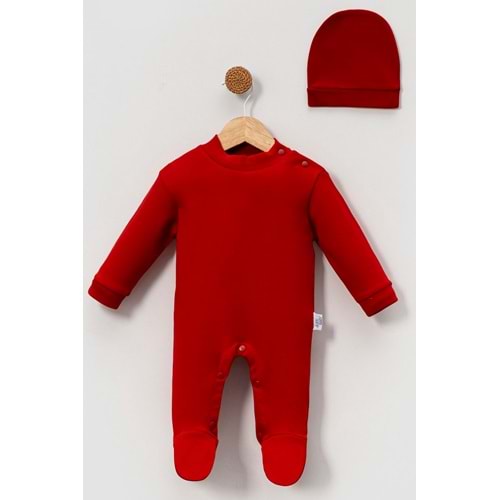 Alttan Çıtçıtlı Şapkalı Bebek Tulum ,Konforlu ve Pratik Tasarım - Kırmızı - 0-3 AY