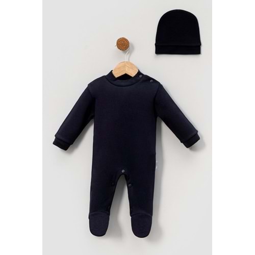 Alttan Çıtçıtlı Şapkalı Bebek Tulum ,Konforlu ve Pratik Tasarım - Lacivert - 9-12 AY