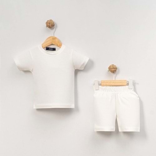 Unisex Bebek %100 Pamuk Yazlık Basic Tişört Şort Seti - Jijek Baby - Ekru - 6-9AY