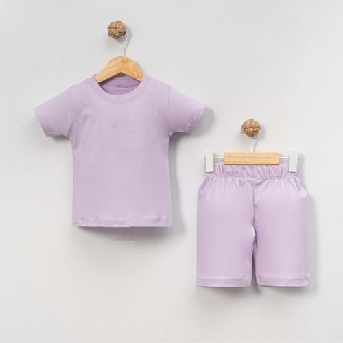 Unisex Bebek %100 Pamuk Yazlık Basic Tişört Şort Seti - Jijek Baby - Lila - 9-12 AY