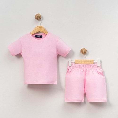 Unisex Bebek %100 Pamuk Yazlık Basic Tişört Şort Seti - Jijek Baby - Pembe - 12-18 AY