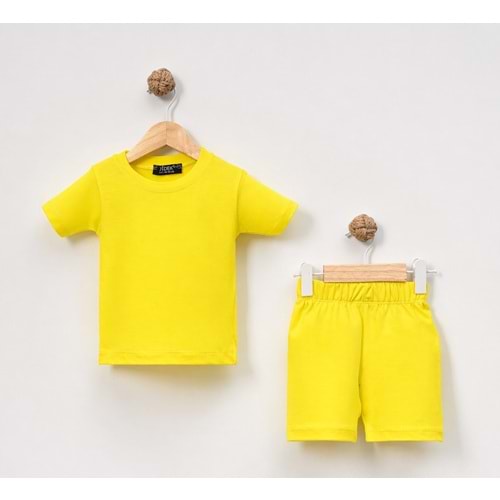 Unisex Bebek %100 Pamuk Yazlık Basic Tişört Şort Seti - Jijek Baby - Sarı - 6-9AY