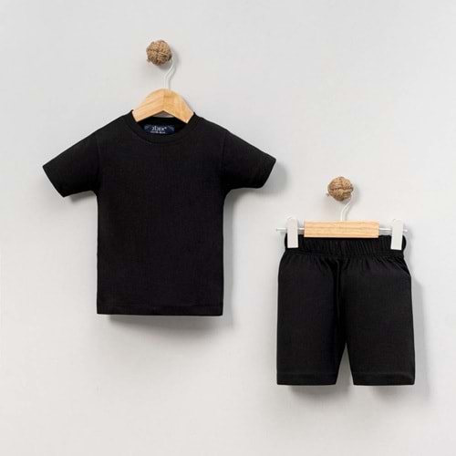 Unisex Bebek %100 Pamuk Yazlık Basic Tişört Şort Seti - Jijek Baby - Siyah - 9-12 AY
