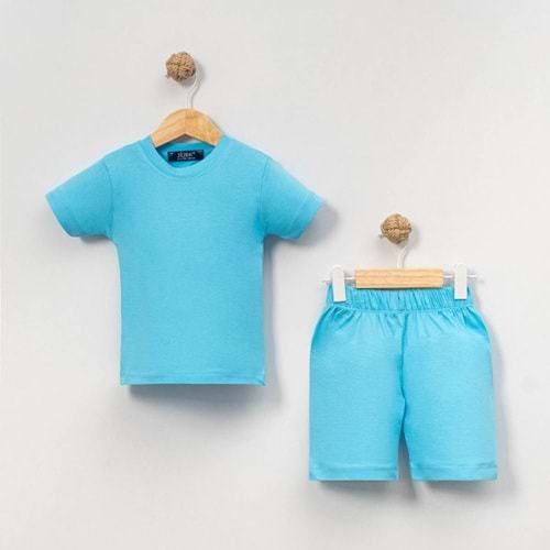 Unisex Bebek %100 Pamuk Yazlık Basic Tişört Şort Seti - Jijek Baby - Turkuaz - 6-9AY