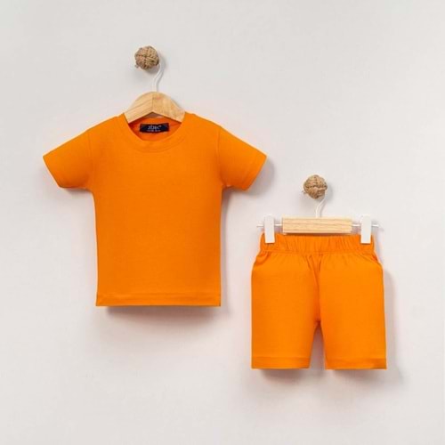 Unisex Bebek %100 Pamuk Yazlık Basic Tişört Şort Seti - Jijek Baby - Turuncu - 9-12 AY