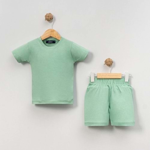 Unisex Bebek %100 Pamuk Yazlık Basic Tişört Şort Seti - Jijek Baby - Yeşil - 18-24 AY