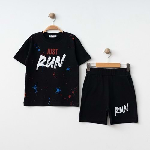 Run Baskılı Penye Şort- T-Shirt Kız-Erkek Takım - Coppa - Siyah - 3 YAŞ - FRND00000002-50