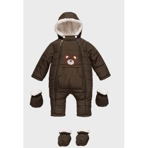Kayak Tulum Bebe Kar Kıyafeti Ayıcık Nakışlı Kışlık- Haki - 9-12 AY