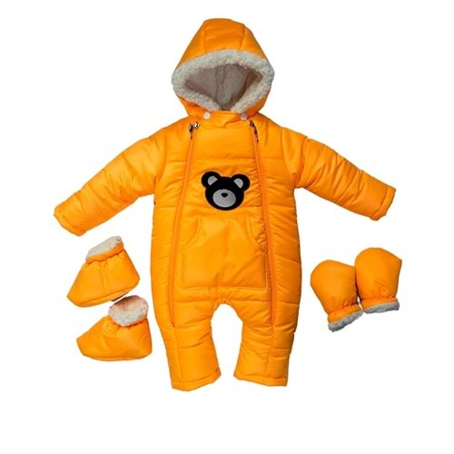 Kayak Tulum Bebe Kar Kıyafeti Ayıcık Nakışlı Kışlık- Turuncu - 9-12 AY