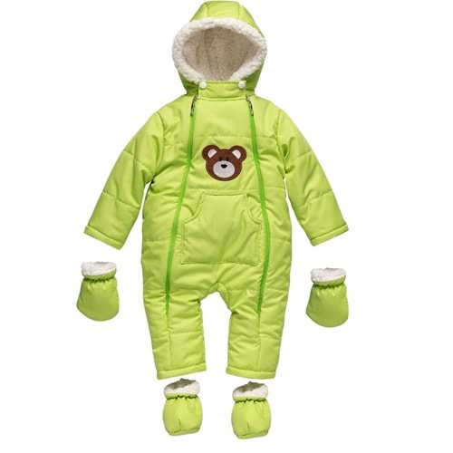 Kayak Tulum Bebe Kar Kıyafeti Ayıcık Nakışlı Kışlık- Açık Yeşil - 9-12 AY