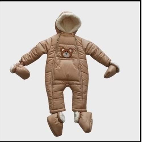 Kayak Tulum Bebe Kar Kıyafeti Ayıcık Nakışlı Kışlık-Bej - 18-24 AY