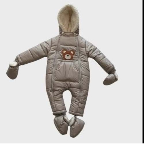 Kayak Tulum Bebe Kar Kıyafeti Ayıcık Nakışlı Kışlık- Gri - 9-12 AY