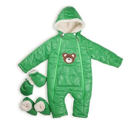Kayak Tulum Bebe Kar Kıyafeti Ayıcık Nakışlı Kışlık-Yeşil - 9-12 AY