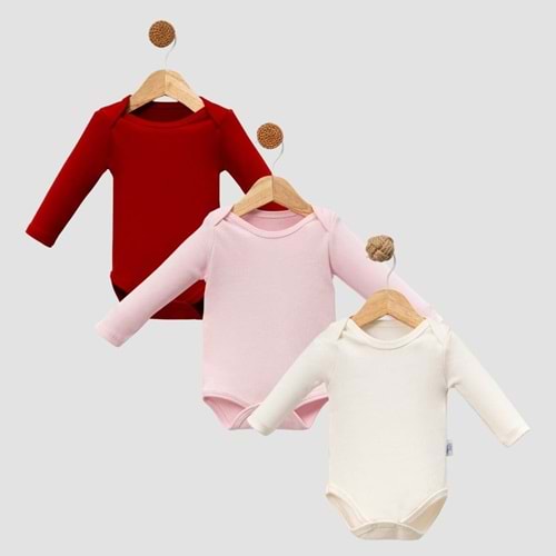 Jijek Baby 3 Lü Uzunkollu Bebek Body – Yumuşak,Rahat - EKRU-KIRMIZI-PEMBE - 12-18 AY