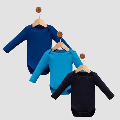 Jijek Baby 3 Lü Uzunkollu Bebek Body – Yumuşak,Rahat - SAKS-LACİVERT-TURKUAZ - 18-24 AY