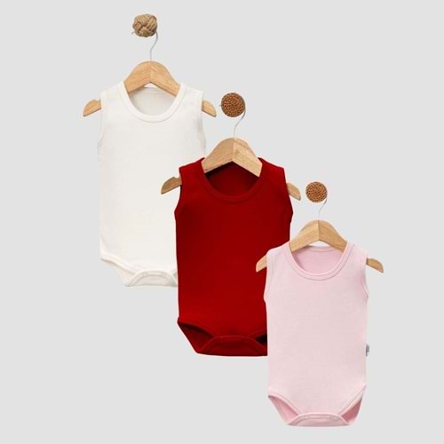 Jijek Baby 3 Lü Kolsuz Bebek Body – Yumuşak,Rahat - EKRU-KIRMIZI-PEMBE - 9-12 AY