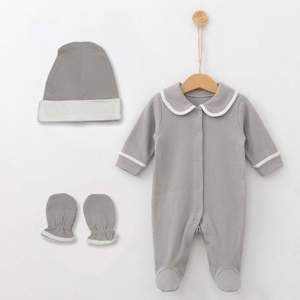 Pamuklu Bebek Hastane Çıkış Seti - 3'lü Takım (Tulum, Şapka, Eldiven) - Gri - Gri - 0-3 AY - 1195-Gri-0-3 AY