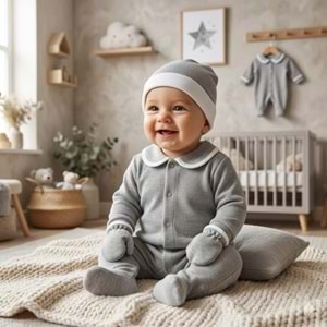 Pamuklu Bebek Hastane Çıkış Seti - 3'lü Takım (Tulum, Şapka, Eldiven) - Gri - Gri - 0-3 AY - 1195-Gri-0-3 AY