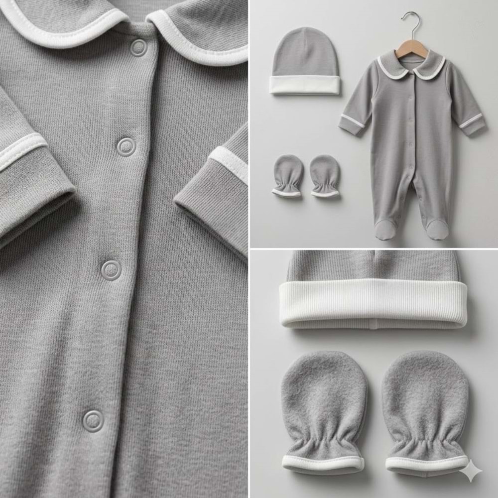 Pamuklu Bebek Hastane Çıkış Seti - 3'lü Takım (Tulum, Şapka, Eldiven) - Gri - Gri - 0-3 AY - 1195-Gri-0-3 AY