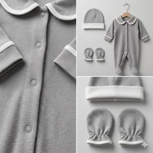 Pamuklu Bebek Hastane Çıkış Seti - 3'lü Takım (Tulum, Şapka, Eldiven) - Gri - Gri - 0-3 AY - 1195-Gri-0-3 AY