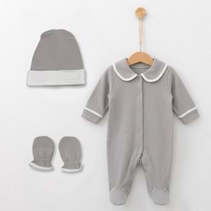 Pamuklu Bebek Hastane Çıkış Seti - 3'lü Takım (Tulum, Şapka, Eldiven) - Gri - Gri - 6-9AY - 1195-Gri-6-9AY