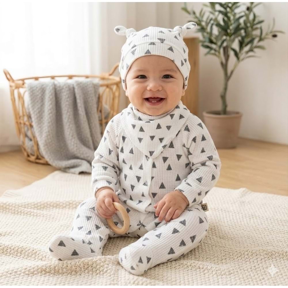 Üçgen Desenli Fitilli Pamuk Kumaş Patikli Bebek Tulum Seti - Beyaz - 0-3 AY