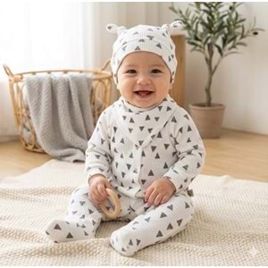 Üçgen Desenli Fitilli Pamuk Kumaş Patikli Bebek Tulum Seti - Beyaz - 0-3 AY