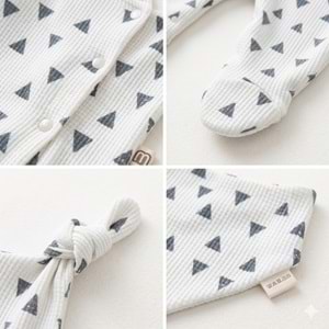 Üçgen Desenli Fitilli Pamuk Kumaş Patikli Bebek Tulum Seti - Beyaz - 0-3 AY