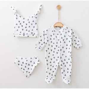 Üçgen Desenli Fitilli Pamuk Kumaş Patikli Bebek Tulum Seti - Beyaz - 3-6 AY