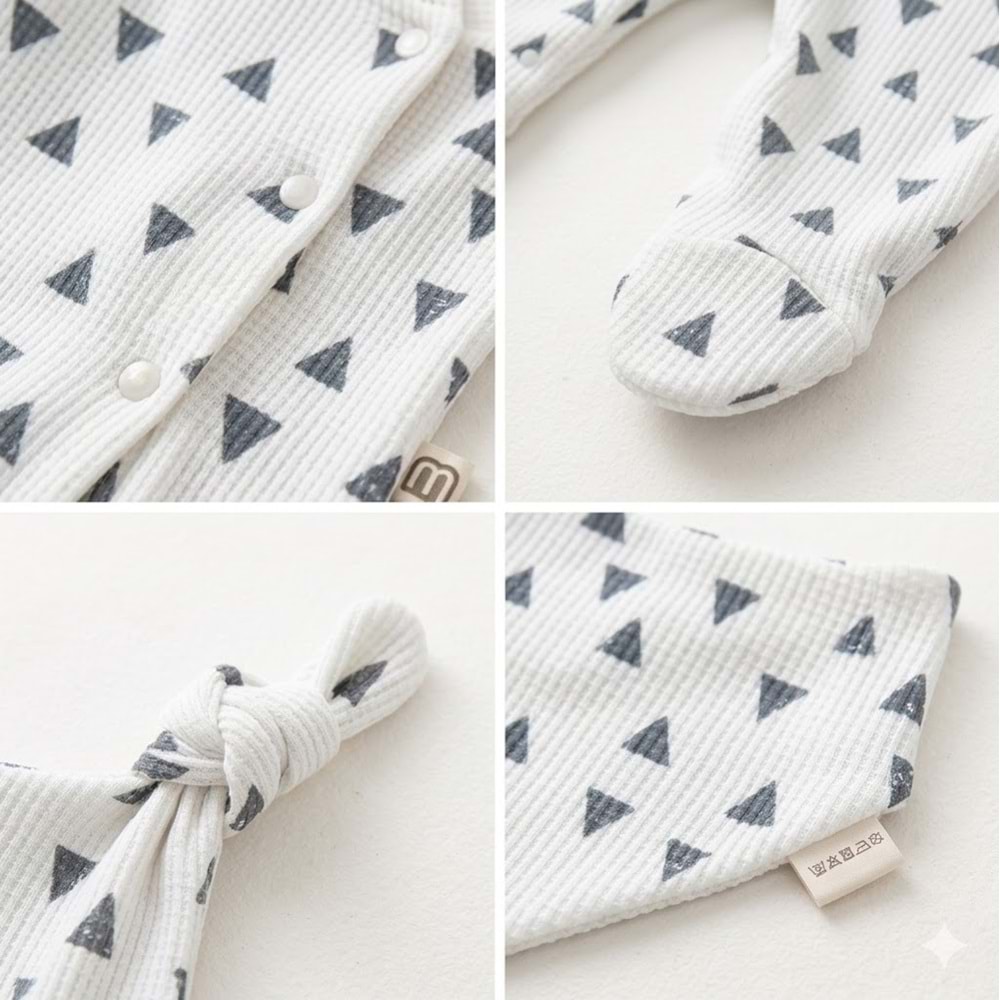 Üçgen Desenli Fitilli Pamuk Kumaş Patikli Bebek Tulum Seti - Beyaz - 3-6 AY