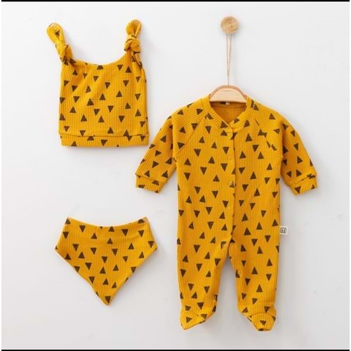 Üçgen Desenli Fitilli Pamuk Kumaş Patikli Bebek Tulum Seti - Hardal - 0-3 AY