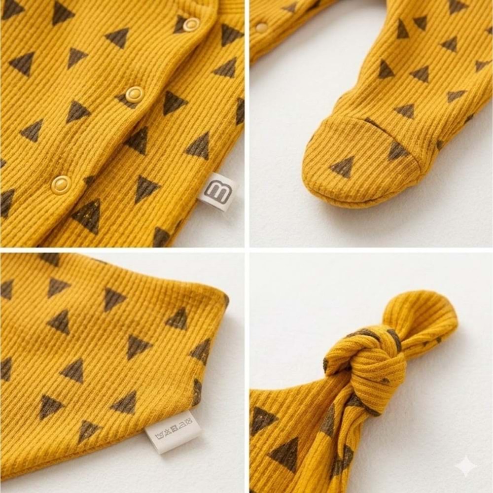 Üçgen Desenli Fitilli Pamuk Kumaş Patikli Bebek Tulum Seti - Hardal - 0-3 AY