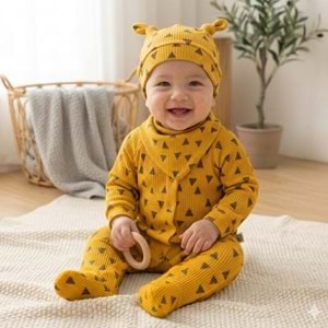 Üçgen Desenli Fitilli Pamuk Kumaş Patikli Bebek Tulum Seti - Hardal - 3-6 AY