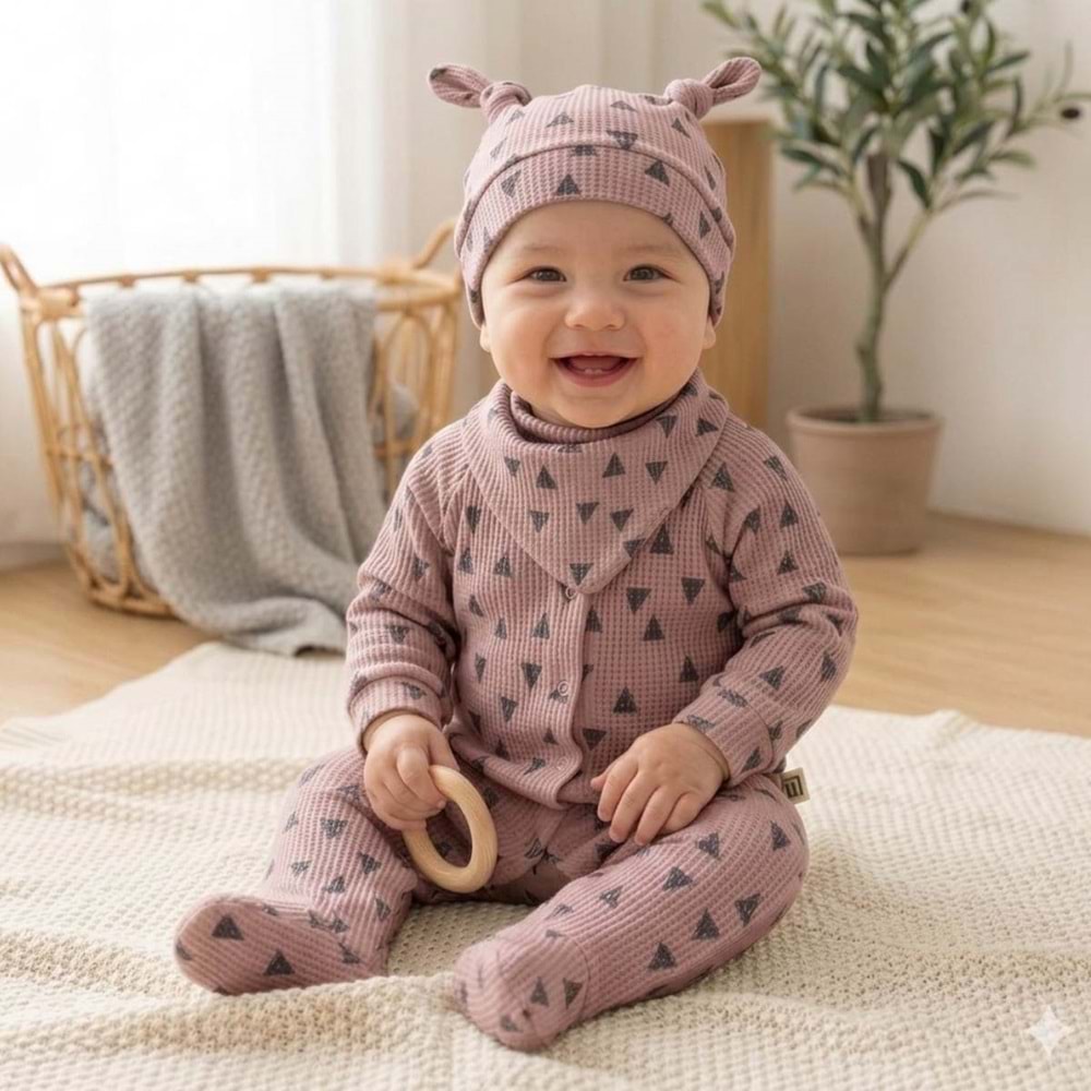 Üçgen Desenli Fitilli Pamuk Kumaş Patikli Bebek Tulum Seti - kahverengi - 0-3 AY