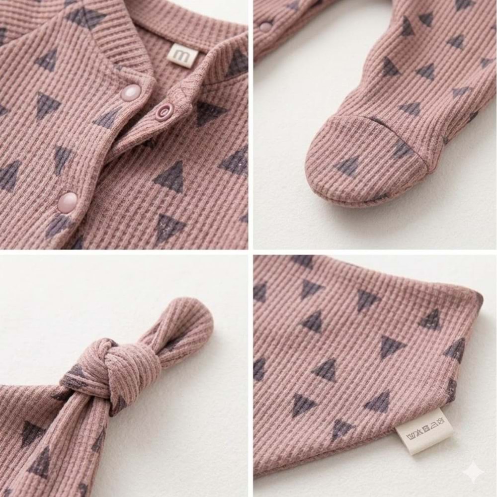 Üçgen Desenli Fitilli Pamuk Kumaş Patikli Bebek Tulum Seti - kahverengi - 0-3 AY