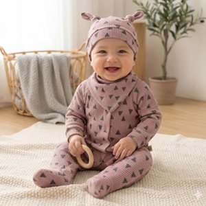 Üçgen Desenli Fitilli Pamuk Kumaş Patikli Bebek Tulum Seti -kahverengi-3-6 AY