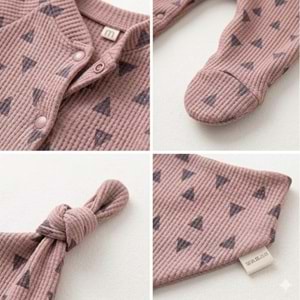 Üçgen Desenli Fitilli Pamuk Kumaş Patikli Bebek Tulum Seti -kahverengi-3-6 AY