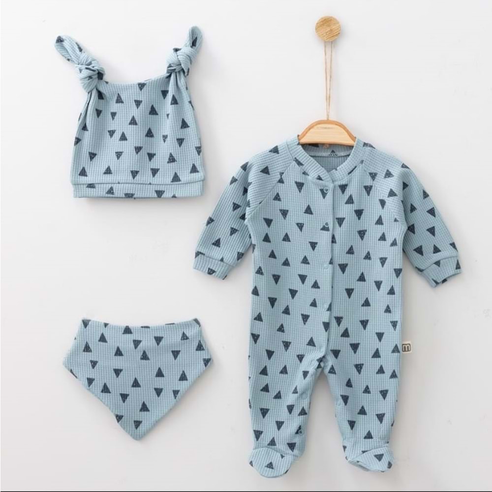 Üçgen Desenli Fitilli Pamuk Kumaş Patikli Bebek Tulum Seti - Mavi - 0-3 AY