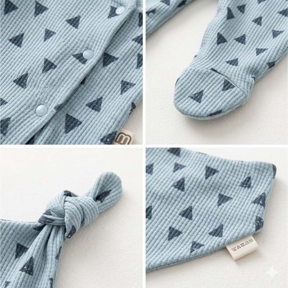 Üçgen Desenli Fitilli Pamuk Kumaş Patikli Bebek Tulum Seti - Mavi - 0-3 AY