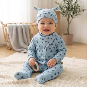 Üçgen Desenli Fitilli Pamuk Kumaş Patikli Bebek Tulum Seti - Mavi - 0-3 AY