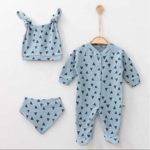 Üçgen Desenli Fitilli Pamuk Kumaş Patikli Bebek Tulum Seti