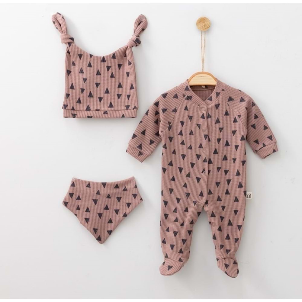 Üçgen Desenli Fitilli Pamuk Kumaş Patikli Bebek Tulum Seti