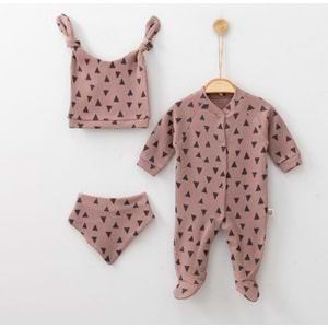 Üçgen Desenli Fitilli Pamuk Kumaş Patikli Bebek Tulum Seti